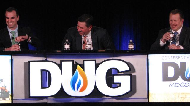 Nick Woodruff of RBC Richardson Barr, left; Jay Salitza of KeyBanc Capital Markets; and Stephen Beck of Stratas Advisors share a laugh during their roundtable discussion at the DUG Midcontinent Conference in Oklahoma City. (Source: Hart Energy)