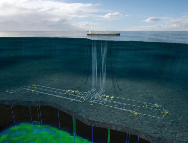 Plans call for a subsea production system with 26 subsea wells and an FPSO to process and export crude from the field. (Source: Aker Energy)
