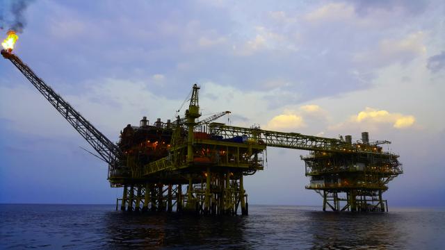 A production platform is shown offshore Myanmar. (Source: Rungrote Sommart/Shutterstock.com)