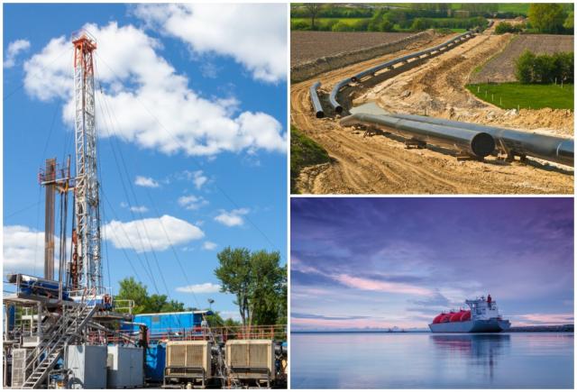 A Marcellus shale drilling site in northern Pennsylvania, pipeline construction and an LNG tanker are shown. (Source: George Sheldon/Reinhard Tiburzy/Wojciech Wrzesien/Shutterstock.com)