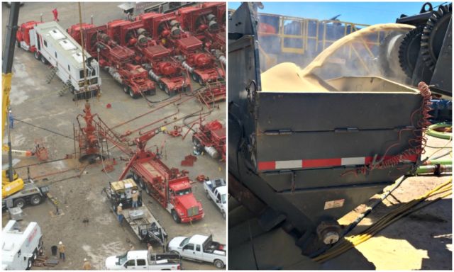 A frac job is underway in the Louisiana Eagle Ford (left). Sand is loaded into a blender (right)./(Source: Hart Energy/Shutterstock.com)