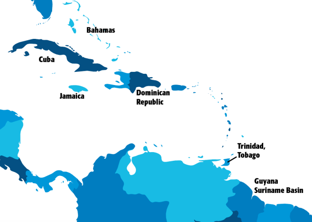 Active exploration areas in the Caribbean Sea