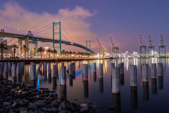 The Vincent Thomas Bridge connecting Long Beach and San Pedro CA