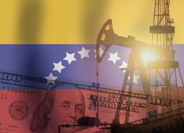 Pump jack, US dollar notes and Venezuela flag background. (Source: Shutterstock)