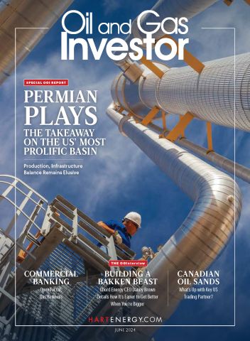 Cover of Oil and Gas Investor June 2024/Volume 44/Number 6. Photographer Jim Blecha captured this image of midstream operations in the Permian Basin.