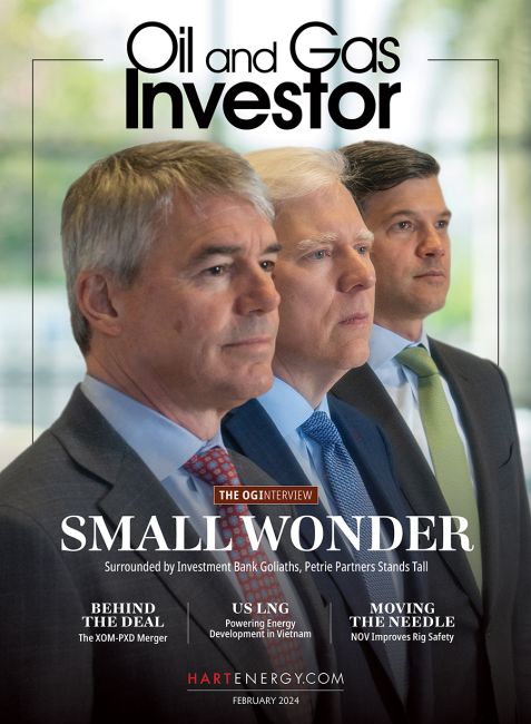 Oil and Gas Investor February 2024 cover featuring Petrie Partners CEO Jon Hughes, COO Andy Rapp and CFO Mick Bock