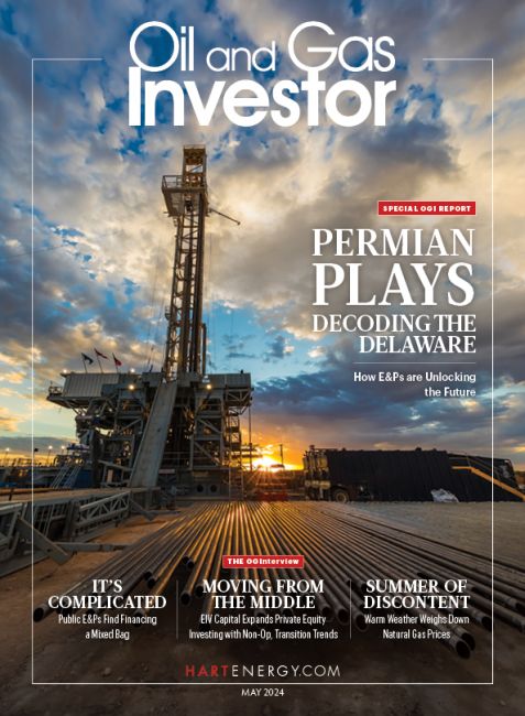 Cover of Oil and Gas Investor May 2024/Volume 44/Number 5. A rack full of casing sits ready for a new Delaware Basin oil and gas well. Photo by Jim Blecha.