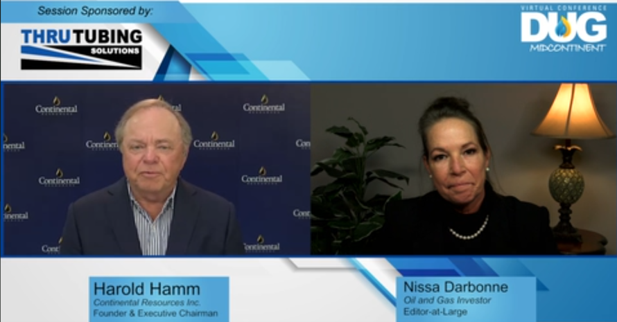 Harold hamm speaks with Nissa Darbonne during the DUG Midcontinent Virtual Conference