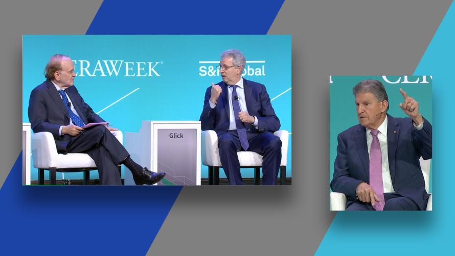 Left: Daniel Yergin, vice chairman of S&P Global, talks to FERC Chairman Richard Glick during the CERAWeek conference. Right: Sen. Joe Manchin (D-W.Va.) also spoke at the conference, saying the commission could do more to work with oil and gas companies on meeting regulatory requirements. (Source: CERAWeek by S&P Global)
