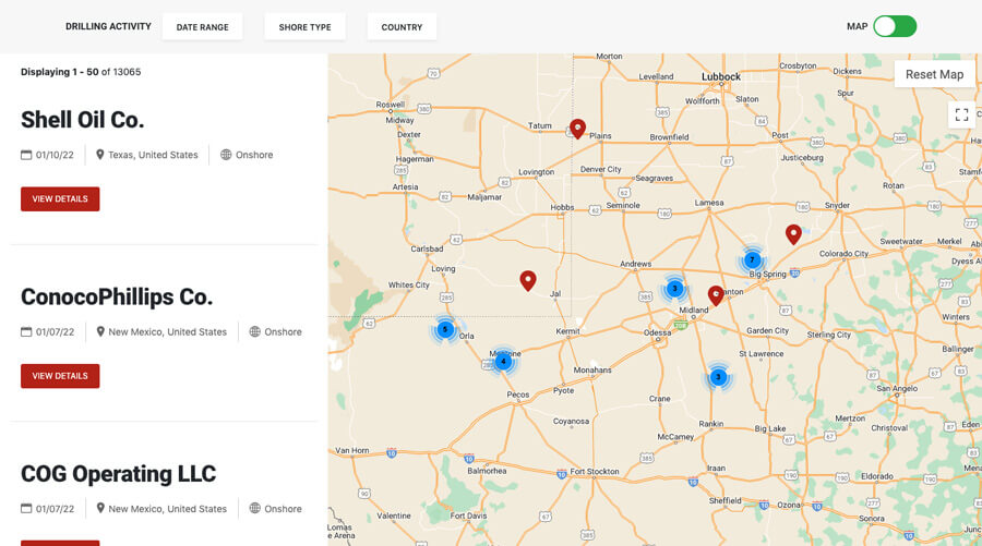 screenshot of drilling activity database