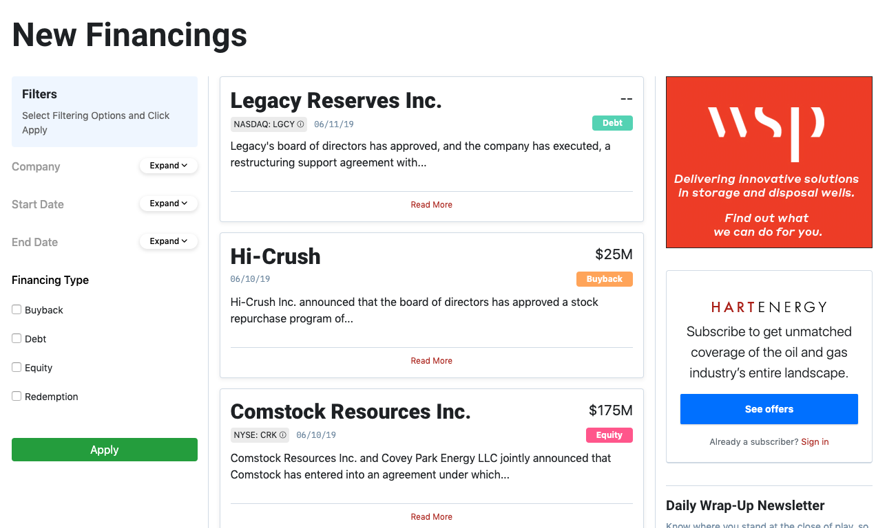 screenshot of new financings database