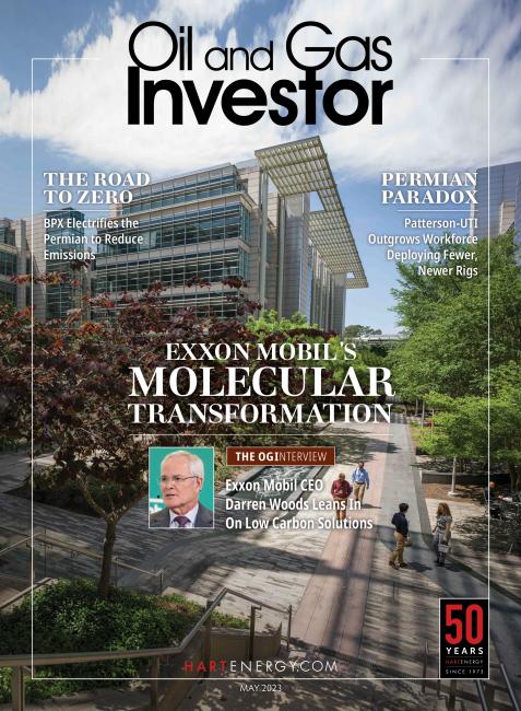 Oil and Gas Investor May 2023 cover featuring Exxon Mobil's Houston campus and Exxon Mobil's CEO, Darren Woods